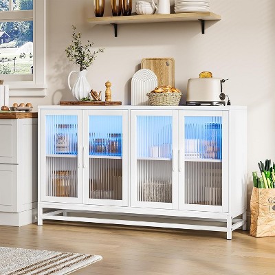 Jojoka 55 Inch Modern Sideboard Buffet with Power Outlet, Adjustable LED Lights, and Glass Doors for Kitchen and Living Room,White