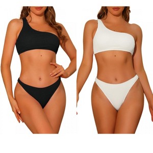 Elerevyo Women's One Shoulder Bikini Asymmetric Ribbed Triangle Bottoms Sporty Swimwear Bathing Suits 2 Sets - 1 of 4