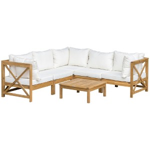 Outsunny 6 Piece Wood Patio Furniture Set, Outdoor Sectional Sofa with Cushions and Coffee Table, Acacia Wood Conversation Set Couch, Cream White - 1 of 4