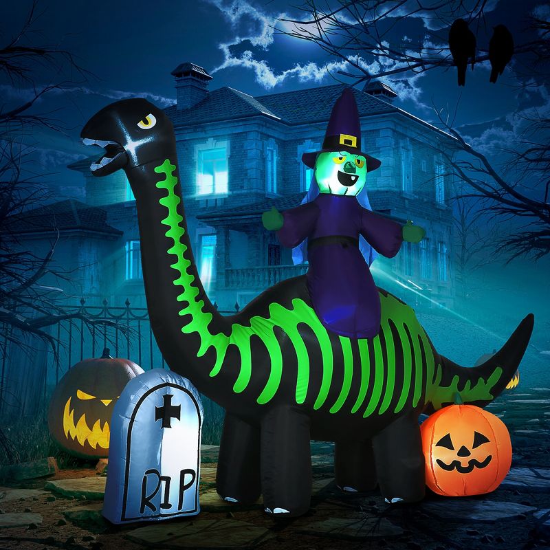 HOMCOM 8FT Halloween Inflatables Skeleton Dinosaur with Witch, Pumpkin, Outdoor Decorations with LED Lights, 4 of 8