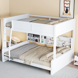 TIRAMISUBEST Twin XL over Queen/Full XL over Queen Bunk Bed with Storage Cabinets and USB Ports, Solid Wood Bunk Bedframe w/ Storage Shelves & Ladder - 1 of 4
