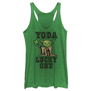 Women's Star Wars St. Patrick's Day Cartoon Yoda Lucky One Racerback Tank Top - 1 of 4