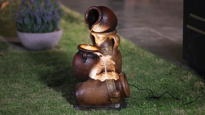 Rustic Brown Resin Tiered Urns Outdoor Fountain with LED Lights