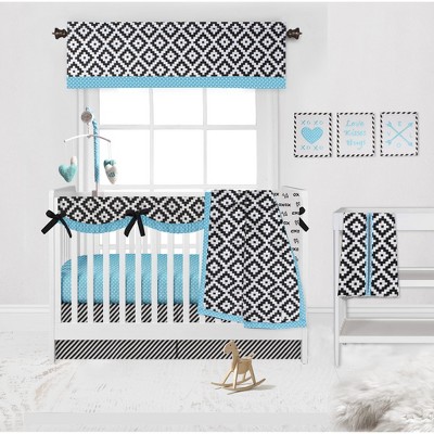 Bacati - Love Aztec Print Black Turquoise 10 pc Crib Bedding Set with Long Rail Guard Cover