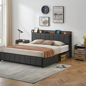 Bed Frame with USB Charging - Platform Bed with Storage Drawers, Upholstered Linen Headboard, Noise-Free Support, No Box Spring Needed - 1 of 4