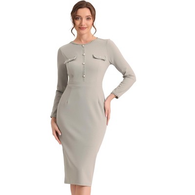 Allegra K Women's Elegant Tweed Contrast Button Decor Bodycon Midi Dresses