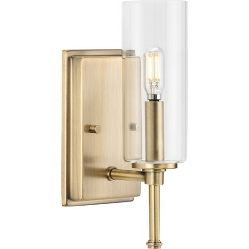 1-Light Antique Brass Wall Sconce With Clear Glass Cylinder Shade