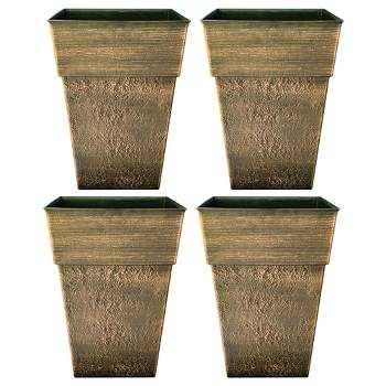 The HC Companies Avino 16 Inch Square Plastic Accent Outdoor Flower Planter Pot for Garden, Patio, Porch, Deck, or Balcony, Celtic Bronze (4 Pack)