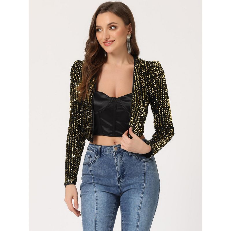 Allegra K Women's Sequin Long Sleeve Open Front Party Cropped Jacket, 3 of 6