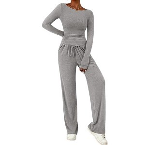 Women's Casual 2-Piece Set - Asymmetrical Hem Long Sleeve Top And Wide Leg Pants Lounge Outfit - 1 of 4