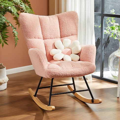 Nicbex Teddy Fabric Glider Rocking Chair upholstered Nursery Rocking Chairs With High Backrest comfy Rocking Chair nursing Chair For Bedroom pink Target