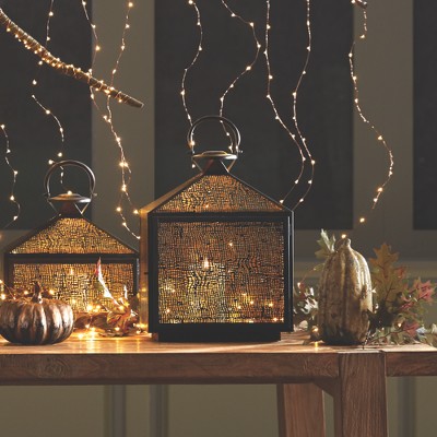 Amhurst Brass Hanging Candle Lantern with Mesh Pattern