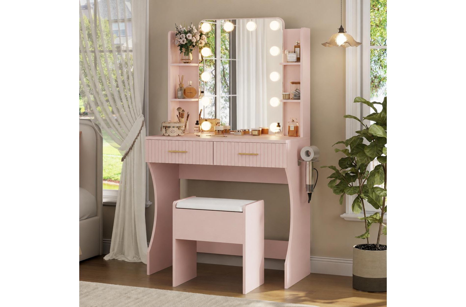 Vanity Desk with LED Lighted Mirror and 3 Adjustable Lights, Makeup Vanity with Storage Stool, 2 Large Drawers and 4 Open Shelves, Pink