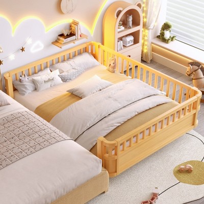 KWPZQEB Montessori Toddler Bed with Wood Slats for Kids, Wood Platform Bed with Safety Guardrails & and Detachable Fence