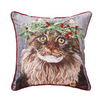 C&F Home 18" x 18" Cat Wearing Holly Berry Flower Crown Printed & Embellished Throw Accent Pillow