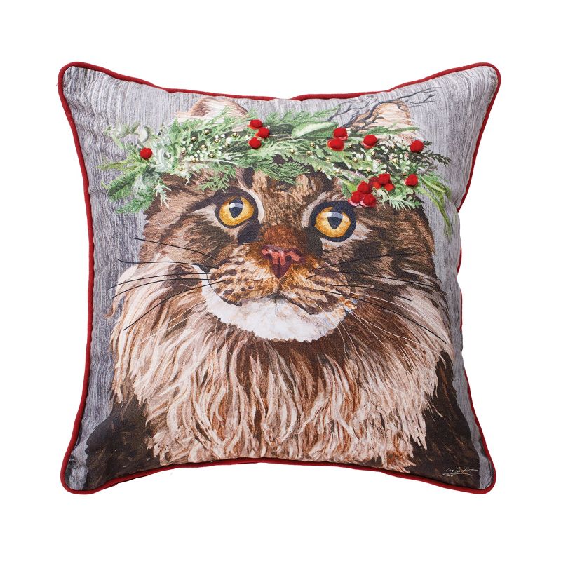 C&F Home 18" x 18" Cat Wearing Holly Berry Flower Crown Printed & Embellished Throw Accent Pillow, 1 of 6