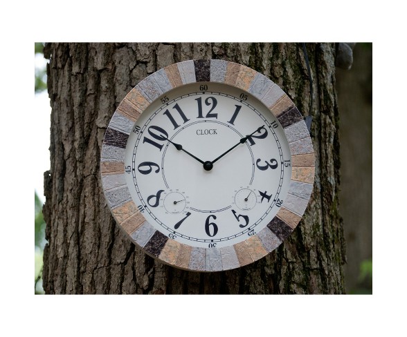 13.8"H Weather Monitoring Indoor/Outdoor Decorative Stone Clock Brown - Backyard Expressions