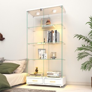 Modern Glass Display Cabinet with 2 Large Drawers, Bookshelf Storage Cabinet Accent Cabinet with LED lights - ModernLuxe - 1 of 4