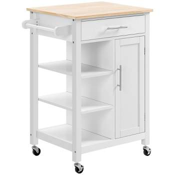 HOMCOM Compact Kitchen Island Cart on Wheels, Rolling Utility Trolley Cart with Storage Shelf & Drawer for Dining Room