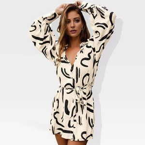 Womens Long Sleeve Dress V Neck Collar Belted Button Down Shirt Dress Designer T Shirt Dresses Beach Cover Ups Robe Dress for Photography - 1 of 4