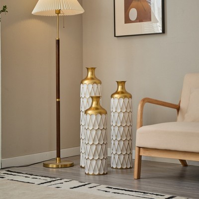 Grungis  Gold & White Metal Flower Vase Set of 3,Textured Cylinder Decorative Vases  for Glam Home Decor (23.6"/27.5"/31.5" Tall),Gold+White