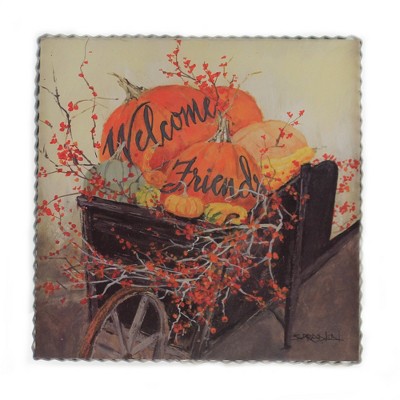 Fall 12.0" "Welcome Friends" Wheelbarrow Pumpkins Berries  -  Wall Sign Panels