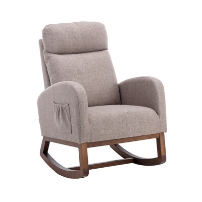 VYNXARIA Rocking Chair,Recliner Armchair with Wood Legs and Side Pocket, Nursery Rocking Accent Chair with High Back(Grey linen)