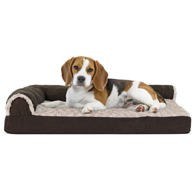 FurHaven Two-Tone Faux Fur & Suede Deluxe Chaise Lounge Cooling Gel Top Foam Sofa Dog Bed, 1 of 3