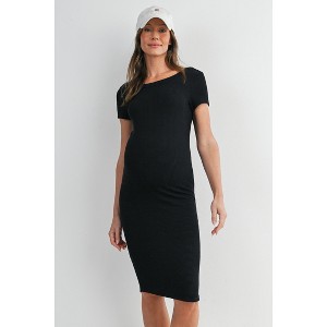 Hello Miz Women's Maternity Bodycon Ribbed Knit Short Sleeve Midi Dress - Black