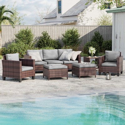Sonkuki 6-Piece Patio Conversation Set Outdoor Wicker Rattan Furniture Set with Side Table