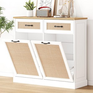 Rattan Double Tilt Out Trash Cabinet, Freestanding Trash Cabinet for Kitchen Dining Living Room, Hidden Garbage Bin Cabinet Storage Holder, White - 1 of 4
