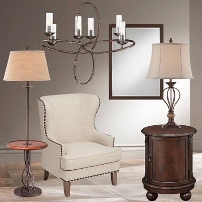 Rustic Walnut & Iron Floor Lamp with Linen Shade and Tray Table