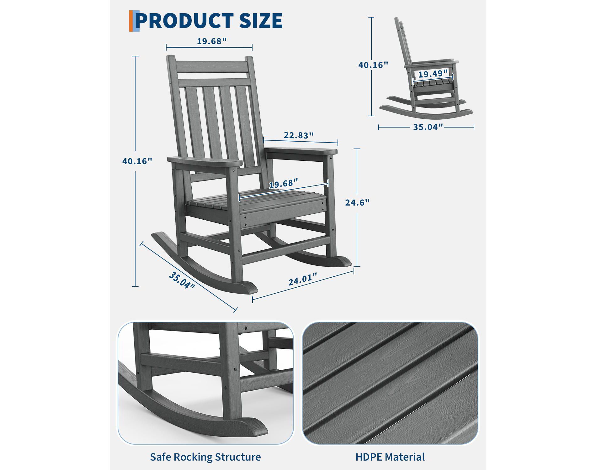 HDPE Rocking Chair with Square Backrest - Four Straight Back Panels, Vertical Support, Durable, Comfortable, Modern