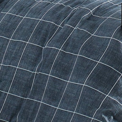 Twin Blue Cotton Grid Duvet Cover Set with Sham