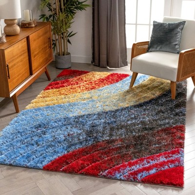 San Francisco Red and Multicolor Geometric Shag Rug 4' x 6'