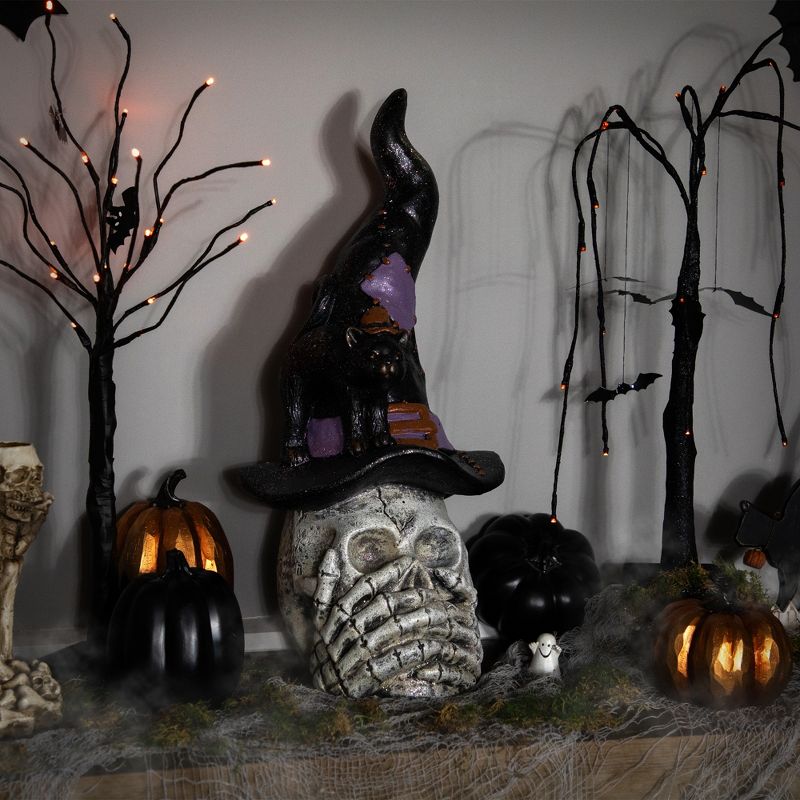 Northlight 22.75" Skull in Witch Hat with Black Cat Halloween Decoration, 2 of 9