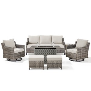 Buenhomino 4/6/7 PCS Patio Furniture Set with Fire Pit Table, Weather-Resistant Wicker Patio Fire Pit Set with Sofa Couch, Swivel Patio Chair Set - 1 of 4