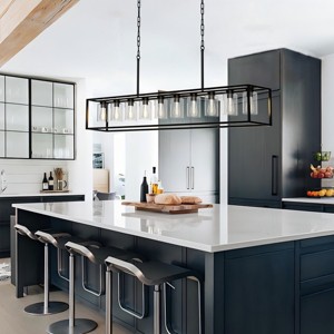 BAOURE 10 Light Black Farmhouse Chandelier Modern Linear Pendant Light with Glass Shade, Rectangle Light Fixture for Dining Room Kitchen Island - 1 of 4