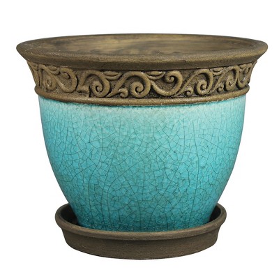 Southern Patio Cadiz 8 Inch Diameter Crackled Glazed Ceramic Indoor Outdoor Garden Planter Pot Urn with Saucer for Flowers, Herbs, and Plants, Teal