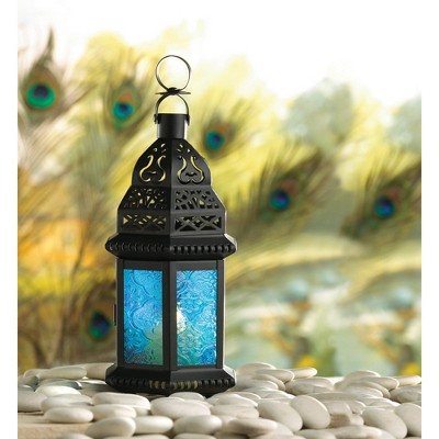 10.25" Blue and Black Iron Glass Moroccan Style Candle Lantern