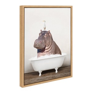 Kate and Laurel Sylvie Hippo and Bird in Rustic Bath Framed Canvas by Amy Peterson Art Studio, 18x24, Natural - 1 of 4