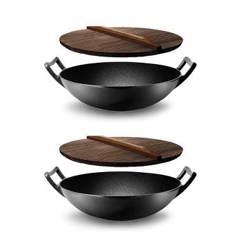 NutriChef Pre Seasoned Nonstick Cooking Wok Cast Iron Kitchen Stir Fry Pan w/ Wooden Lid for Gas, Electric, Ceramic, & Induction Countertops (2 Pack)