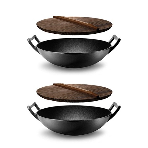 NutriChef Pre Seasoned Nonstick Cooking Wok Cast Iron Kitchen Stir Fry Pan  with Wooden Lid for Gas, Electric, Ceramic, & Induction Countertops, Black