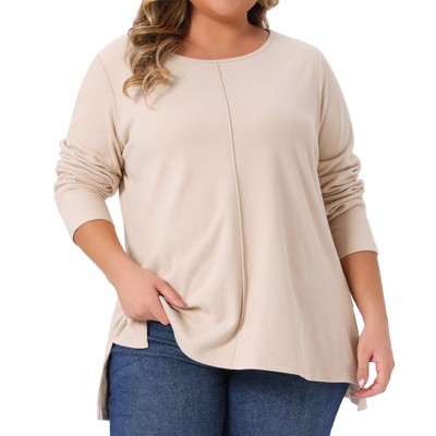Agnes Orinda Women's Plus Size Exposed Seams Side Slit High Low Hem Crew Neck Casual Long Sleeve T Shirts