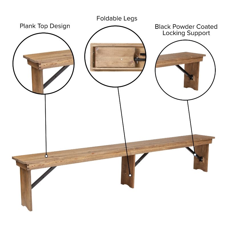 Emma and Oliver 8' x 12" Antique Rustic Solid Pine Folding Farm Bench - Portable Bench, 3 of 11