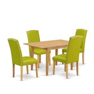 Dinette Set 5Pc Rectangle Table w/ Leaf & 4 Parsons Chairs - Oak Leg, Green PU Leather - 1 of 4