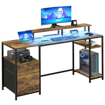 RISOKEYS Gaming Computer Desk with Storage Shelves,Office Desk with Monitor Stand and Drawers For Home Office Study,(Table only)Rustic Brown