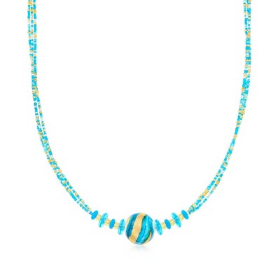 Ross-Simons Italian Blue and Gold Murano Glass Bead Necklace With 18kt Gold Over Sterling Size 18