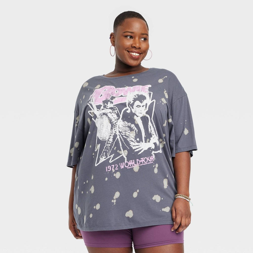 Women's David Bowie Short Sleeve Oversized Graphic T-Shirt Dress - Gray 1X/2X