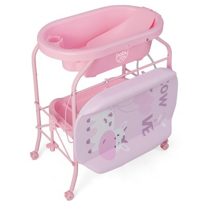 Image of Costway Baby Changing Table with Bathtub, Folding & Portable Diaper Station with Wheels Pink